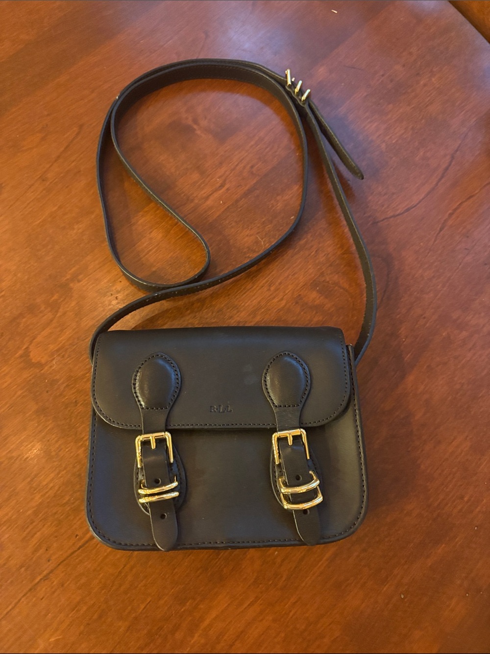 Ralph Lauren Black Leather Crossbody Bag with Gold Buckles